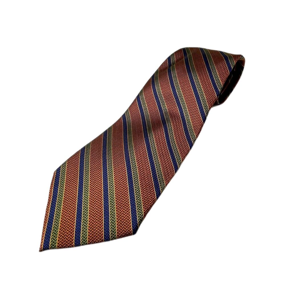 Vintage Tango Men's Medium Brown Navy Olive Diagonal Pinstripe 100% Silk Tie